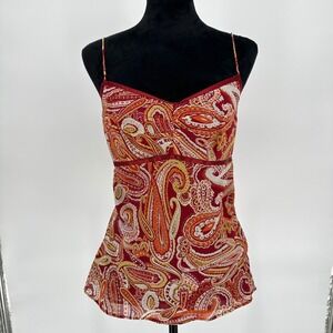 Y2K‎ Ann Taylor Red Orange Paisley Cami Silk Strappy Blouse Top Boho Women's 10